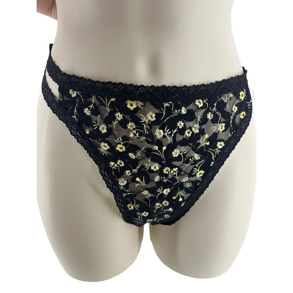 Victoria's Secret PINK Lace Strappy Thong Black Dainty Floral Womens Size Xlarge